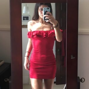 Ruffled Off-Shoulder Red UO Mini Dress